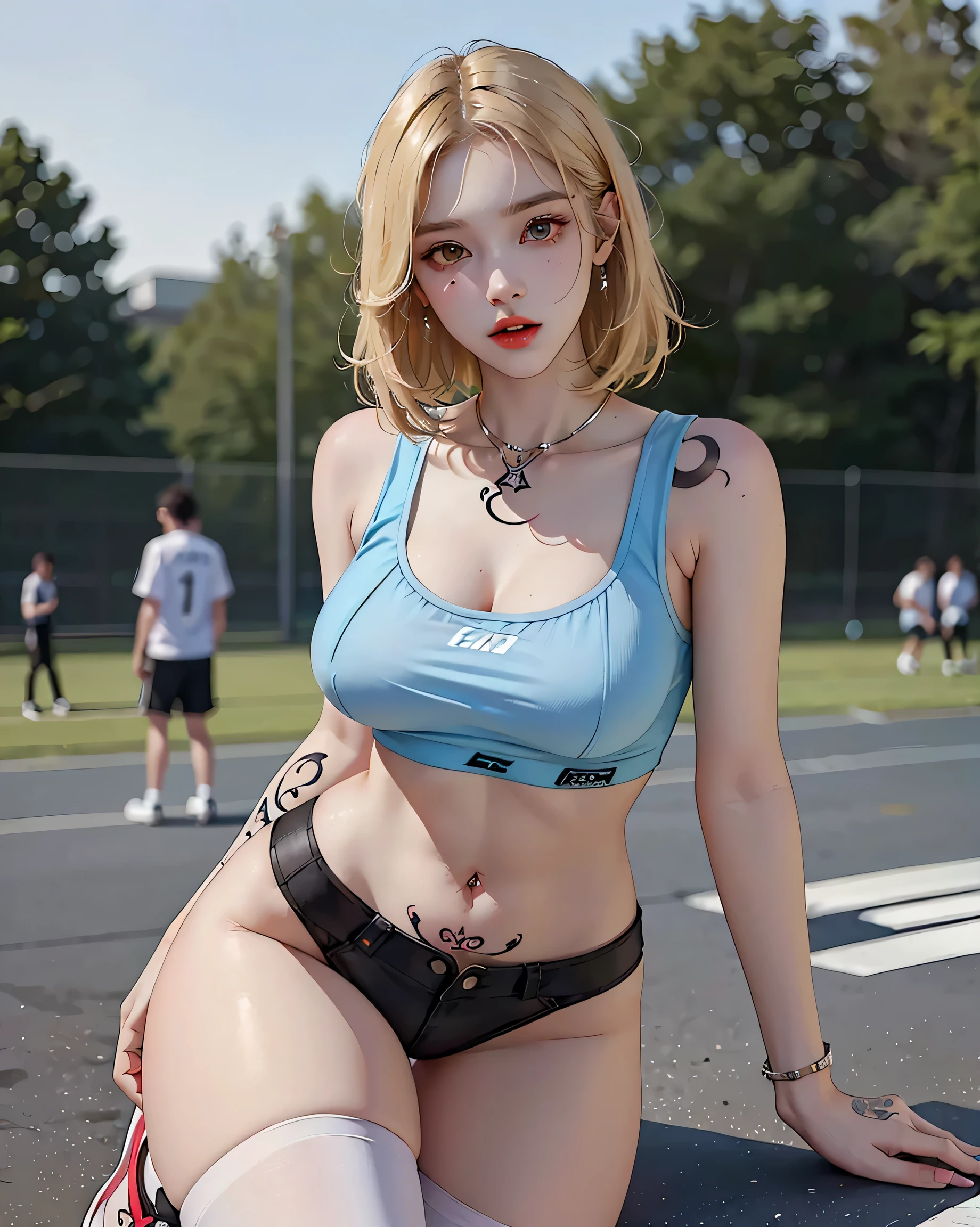 (Browsing Caution:0.7), Perfect Style, Beautiful Face, Highly detailed face and skin texture, (Maximum resolution: 1.2), 1 female,Hip Up, jewelry, (((He has many tattoos all over his body)), Streetwear, Play sports often, Blonde, Panties, sneakers, (((Tight waist))), ((Big Breasts)),(See-through)