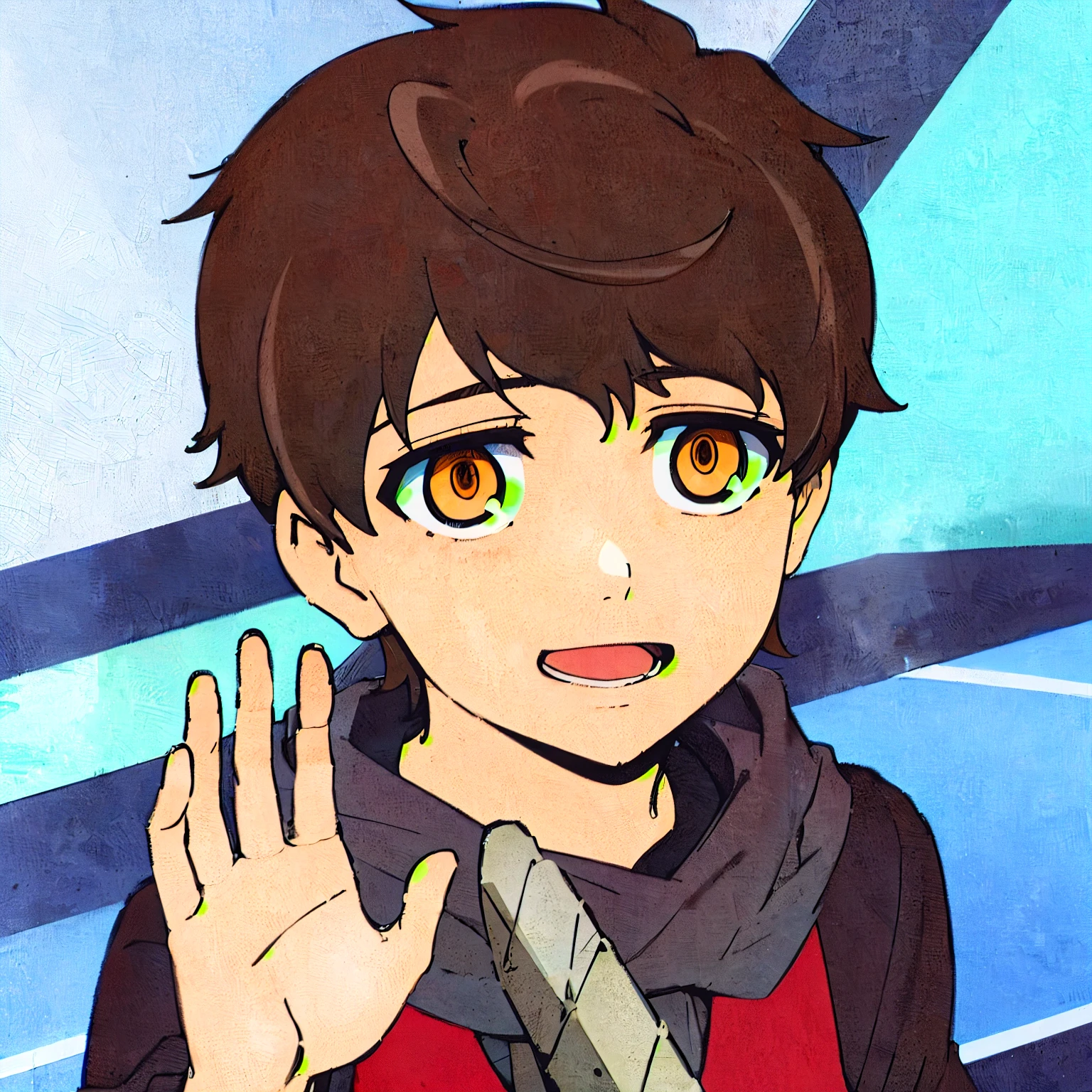 anime boy with brown hair and brown eyes waving his hand, joven animado, Torre de Dios, in the anime movie, anime sombreado cel, anime key images., tv anime frame, makoto kano, yuya nagai, Shinji Aramaki, Chico anime alto con ojos azules., como personaje de anime, kajika wataru, Arte anime clave