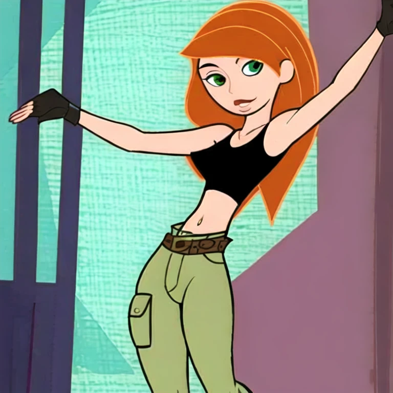 kimberly ann possible, (sexy:1.4), cinematic scene, detailed background, 1girl, abs, brown hair, breasts, blank tank top, fingerless gloves, gloves, green eyes, piercing eyes, green legwear, large breasts, lips, long hair, midriff, navel, pants, pose, solo, thighs, toned