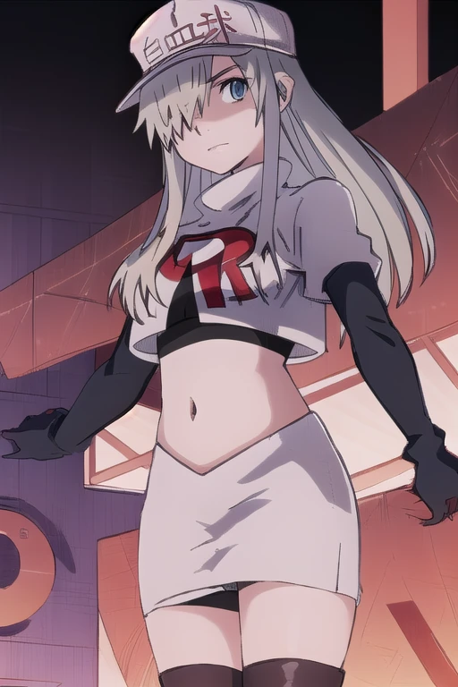 WBC, 1girl, solo, looking at viewer, hat, team rocket,team rocket uniform,white skirt,red letter R,crop top,black thigh-highs,black elbow gloves, fine detail, perfect quality, good quality, masterpiece, HDR, UHD