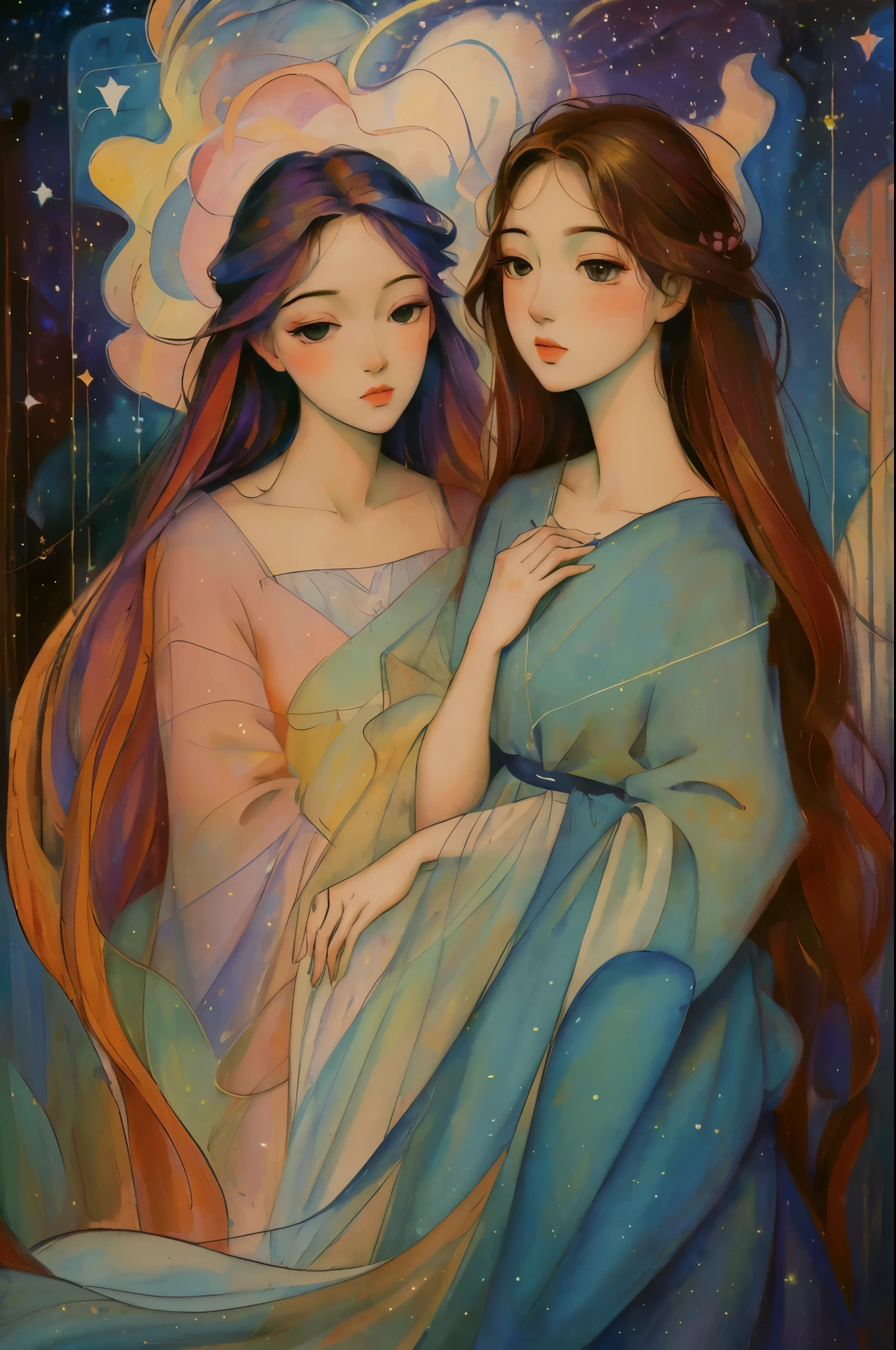 (best quality,actual,high resolution:1.2),pastel tones, painting,Impressionist strokes,from cubism, Fauvism to Surrealism and Abstraction, Beautiful and delicate eyes of a woman,Beautiful and delicate lips,flowing hair, Their artistic concepts and patterns are reflected in the clothing design.starry sky background