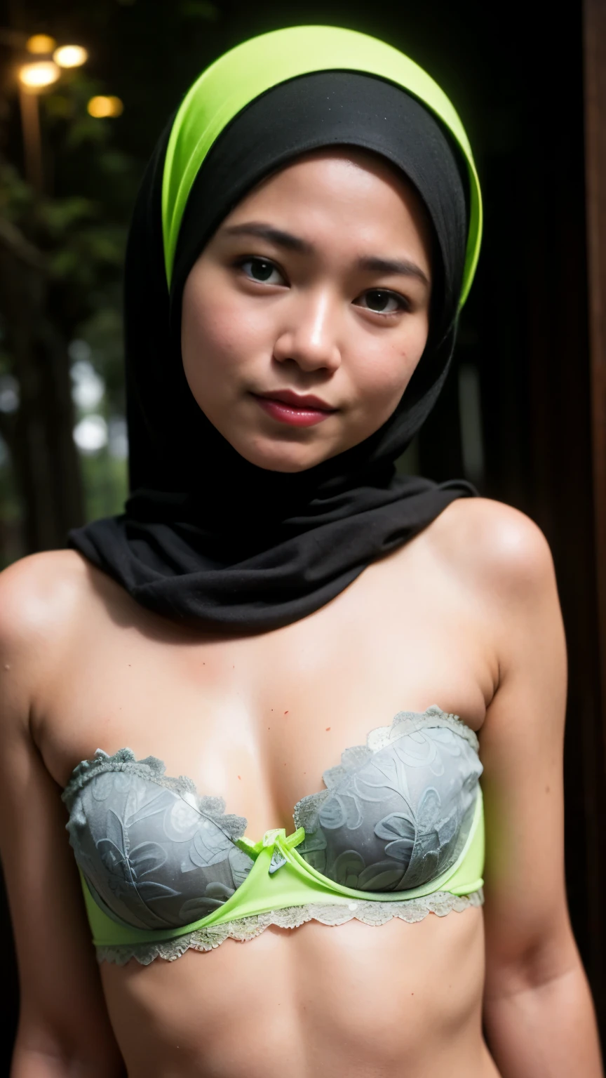 (from behind Closed Out) seductive pose, ((Flat Chest:1.2)), (Happy smile), (((HIJAB MALAY GIRL))), masutepiece, High quality, UHD 32K, Realistic face, Realistic skin feeling , A Japanese Lady, 58 years old matured lady, , Very cute and baby-like face, (((FLAT CHEST))), (Night time at forest), ((look In front at the camera and SADNESS)), (((GREEN & GREEN FLUORESCENT))), (((CUTE GIRL))), ((GREY FLUORESCENT LIPS)), ((Floral Pattern)) little ((wearing pastel lace strapless bra)), dark night background , black forest night, horror scary place, dark and creepy night atmosphere