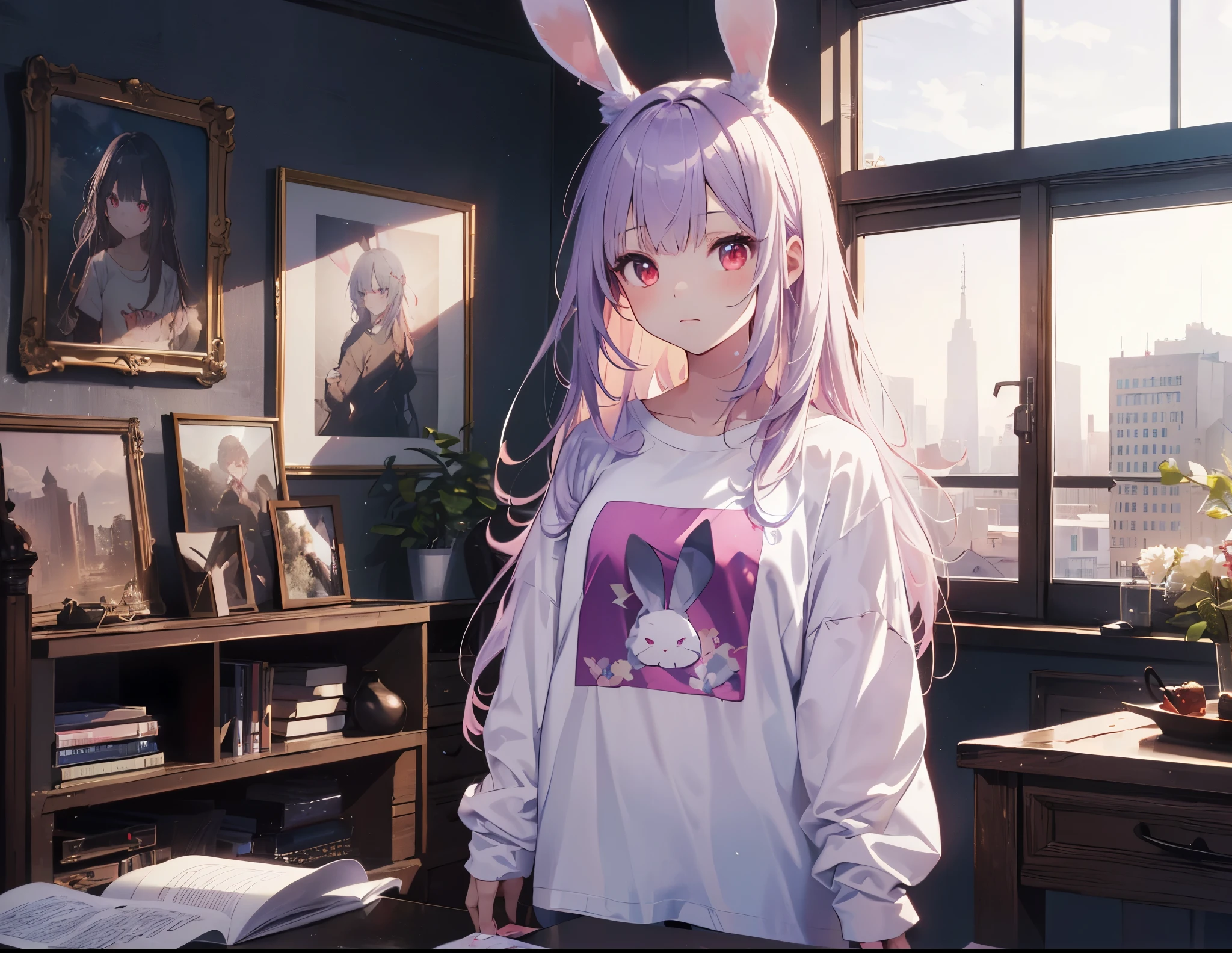 Realistic,highest quality, Ultra Detail, High-quality CG rendering, The most delicate and beautiful, Floating softly, High resolution, (1 girl), (Highest quality,4K,8K,masterpiece:1.2), Light purple hair,Rabbit,Bunny ears,Long Hair,Red eyes,(white oversized long sleeve t-shirt:1.3),Inside the room