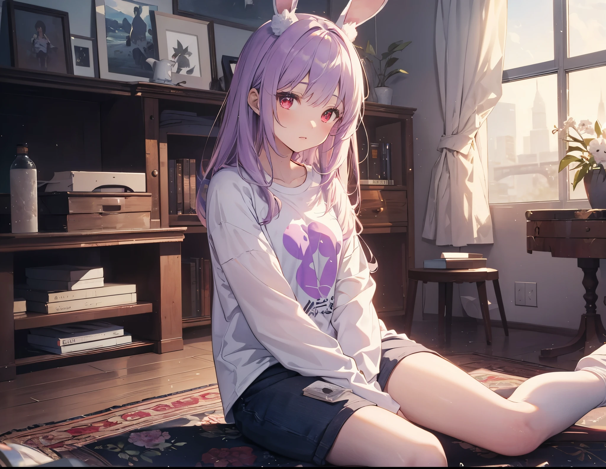Realistic,highest quality, Ultra Detail, High-quality CG rendering, The most delicate and beautiful, Floating softly, High resolution, (1 girl), (Highest quality,4K,8K,masterpiece:1.2), Light purple hair,Rabbit,Bunny ears,Long Hair,Red eyes,(white oversized long sleeve t-shirt:1.3),Inside the room