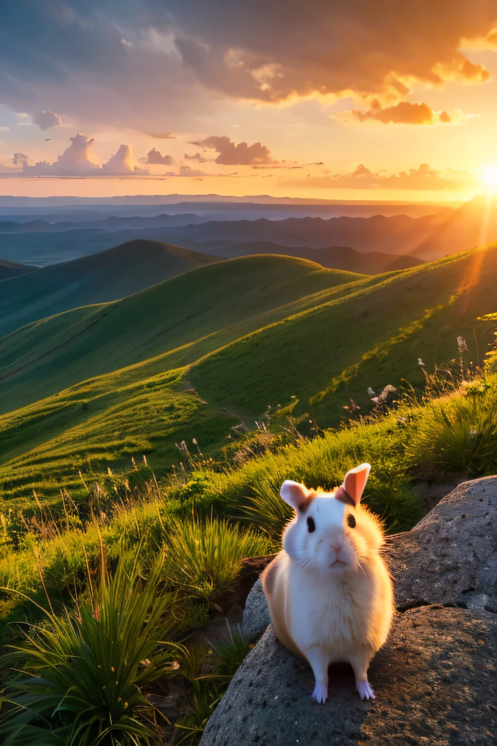 Reaching the summit at sunset, the hamster and rabbit gaze out over the vast landscape spread before them, a breathtaking view of forests, rivers, and distant mountains bathed in the soft light of the setting sun.