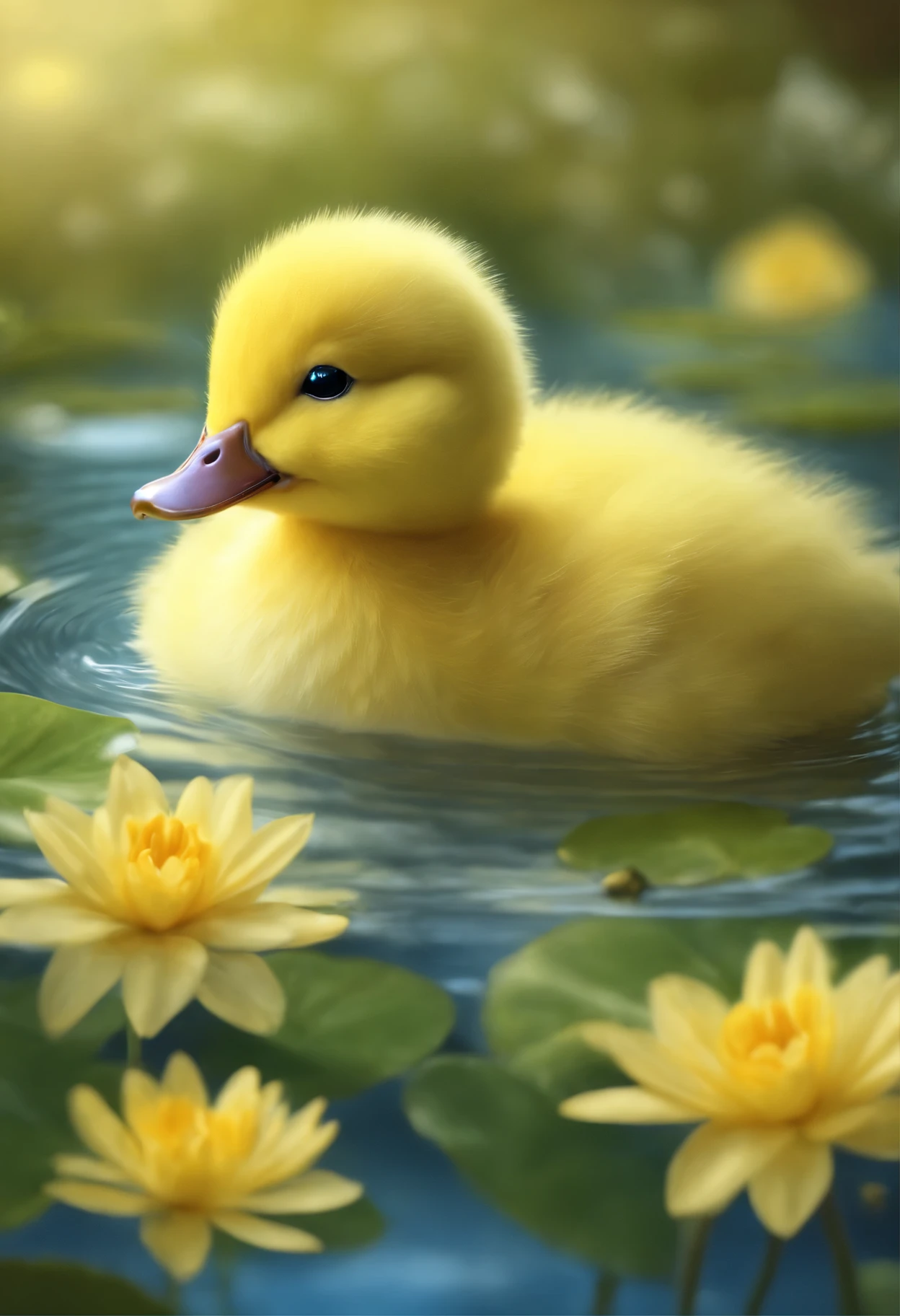 Create an image of a large yellow duck swimming in a pond with a cute little white and blue-eyed kitten on top of it, full hd, realistic, full detailed, 64k, detailed art
