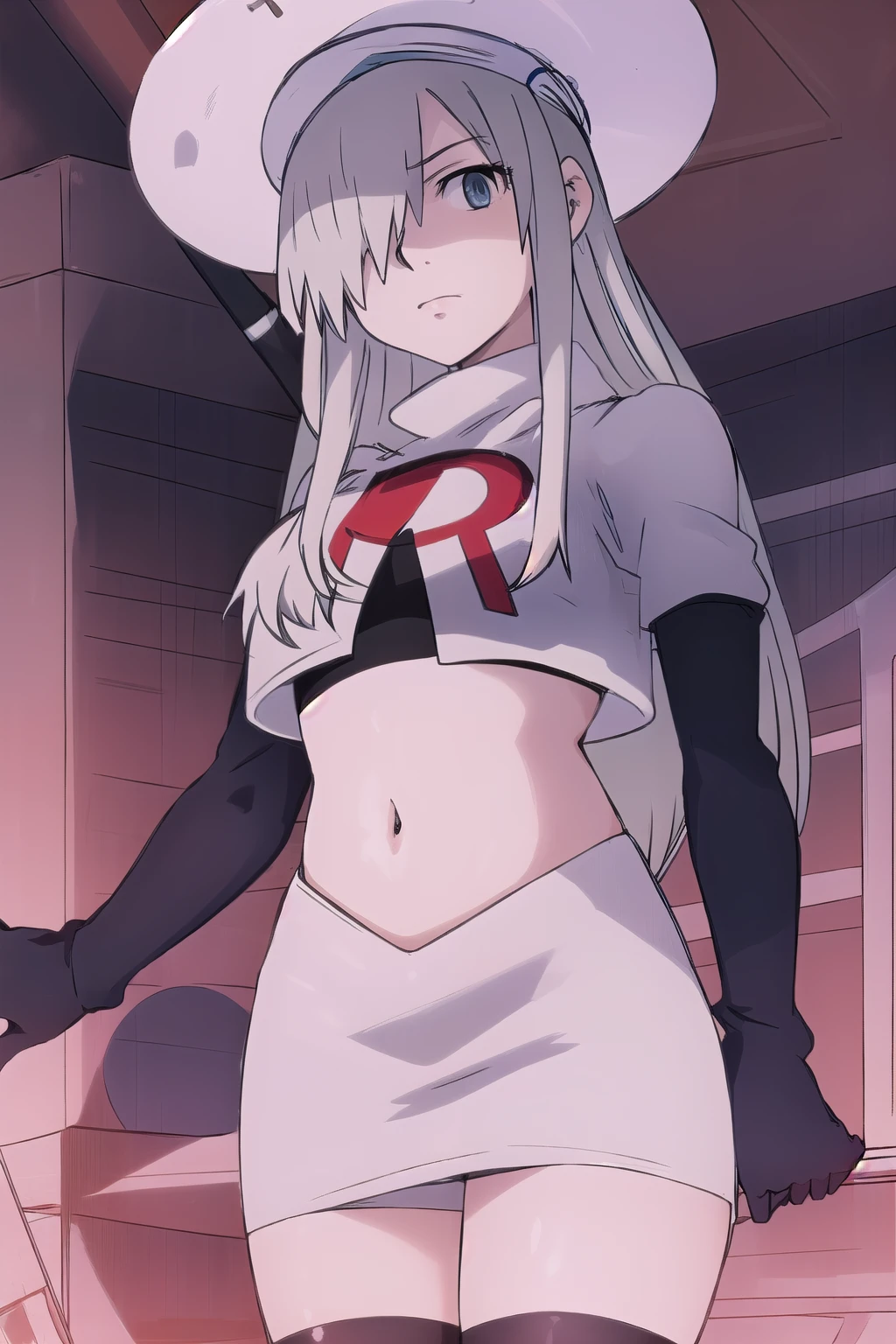 WBC, 1girl, solo, looking at viewer, hat, team rocket,team rocket uniform,white skirt,red letter R,crop top,black thigh-highs,black elbow gloves, fine detail, perfect quality, good quality, masterpiece, HDR, UHD