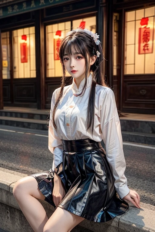 beautiful girl, sitting on the street, wear short shirts, ultra-short skirt, elegant face, glowing smooth skin, Ánh nắng rực rỡ, The photo exudes youthfulness, full of vitality of a growing girl. The shirt and skirt are made of shiny leather, Beautiful colors. The girl&#39;s shirt has rainbow colors, thêu hoa gấm chi tiết.