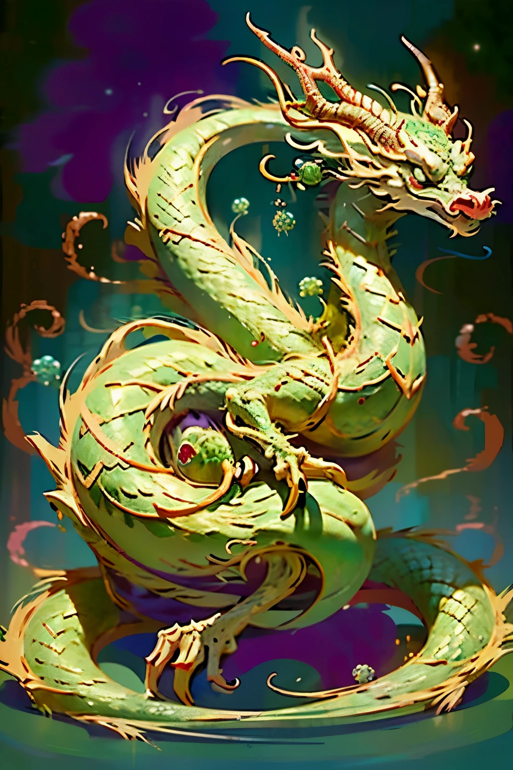 Body: Cartoonishly curvy, adorned with playful skeletal patterns that burst with vibrant colors and intricate details, reminiscent of a stylized snake's body in a whimsical and exaggerated fashion.
Head: Whimsically designed, with exaggerated dragon-like horns curving gracefully from the top, resembling cartoonish serpentine features that are both charming and fantastical.
Scales: Decorated with vibrant and exaggerated traditional Chinese motifs that breathe life into the design, these scales shimmer in bright gold and green hues, capturing the essence of a cartoon snake's allure.
T