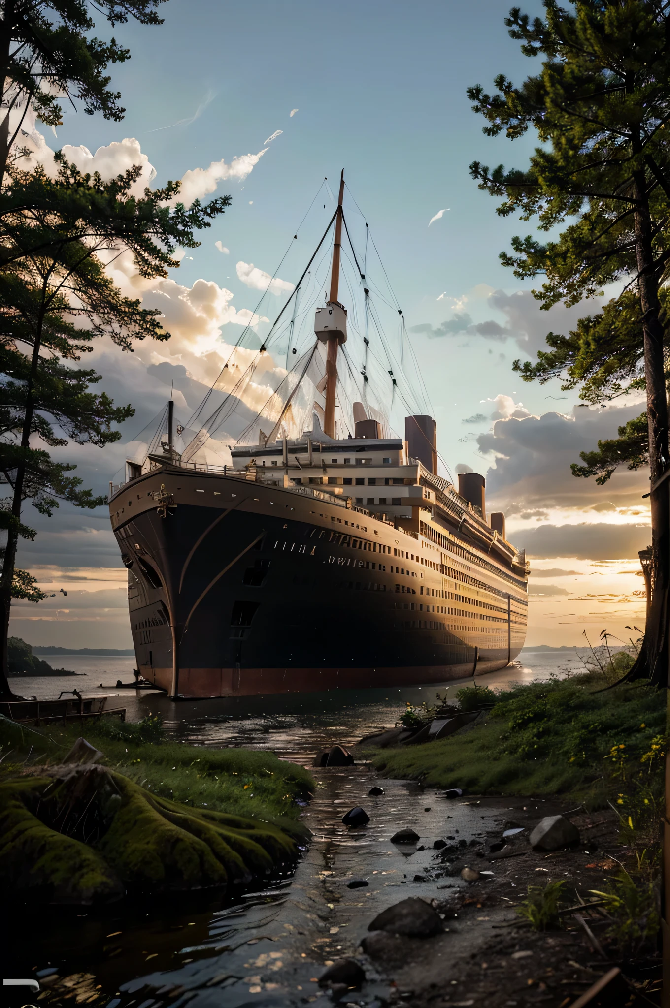 make a ship like the Titanic stranded in the middle of a dense forest edge and the ship looks a lot rusty