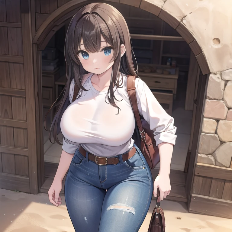 ((Masterpiece)), (Best Quality), (Perfect Lighting), (Perfect Shadows), (Solo), (SFW), ((Accurately Detailed)), Empty hands, Accurate Posture, Perfect Facial Expressions,       A young-Adult Girl, with Long Dark-Brown hair, Beautiful Blue eyes, wide hips, (Big Breasts), (Incredibly Huge Ass), and is slightly short. Wearing an old weathered Dark-Brown Leather Jacket, a White Shirt, weathered Jeans, a Brown Leather Belt, and weathered Grey Boots. She is walking and searching for something in the Desert, so her clothes are dusty and have sand on them, and hasn’t seen any yet. With a cautious pose and scared expression. 