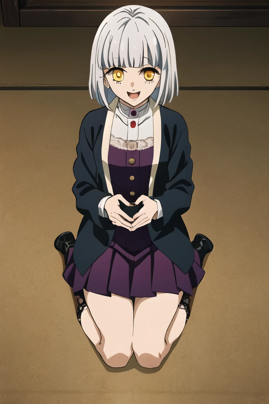 (Happy:1.3) (masterpiece), (unity 8k), danganronpa, (1girl:1.3), solo, cg, game cg, (ultimate tailor:0.9), large chest, ((silver hair)), messy hair, short hair, golden yellow eyes, star-based design, cardigan, black long gloves, brown shoes, skirt, black leg tights, leg warmers, spiral swirls in eyes, left eye hidden, bangs over left eye, ribbons, frills, lace, ((one eye hidden)), ((full body:0.7)),