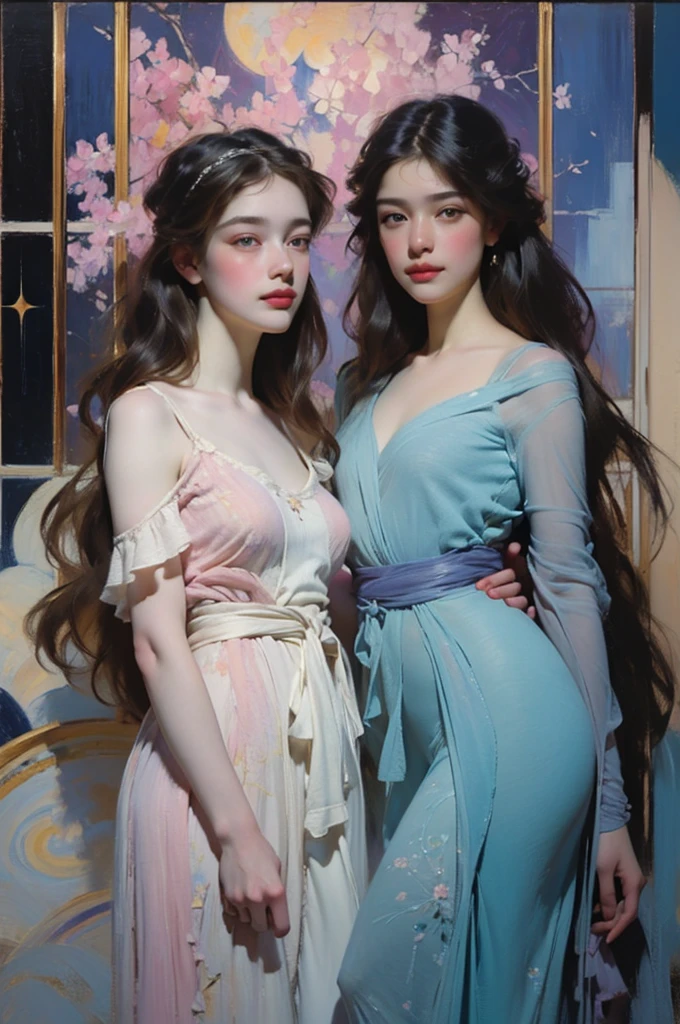 (best quality,actual,high resolution:1.2),pastel tones, painting,Impressionist strokes,from cubism, Fauvism to Surrealism and Abstraction, Beautiful and delicate eyes of a woman,Beautiful and delicate lips,flowing hair, Their artistic concepts and patterns are reflected in the clothing design.starry sky background