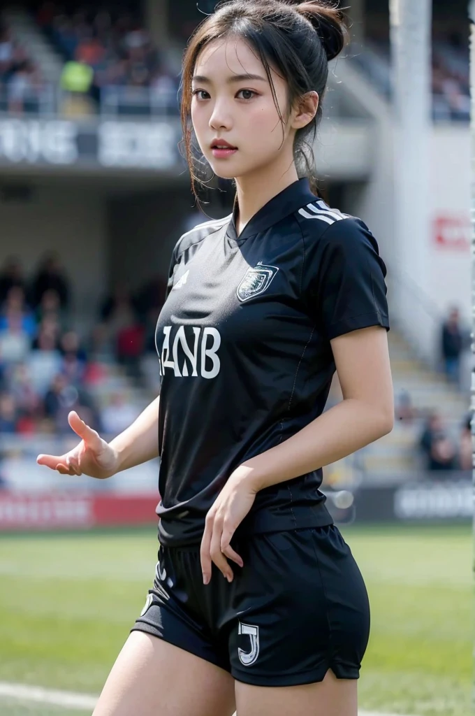 beautiful detail, best quality, 8k, highly detailed face and skin texture, high resolution, cute asian girl in black soccer uniform at stadium, sharp focus