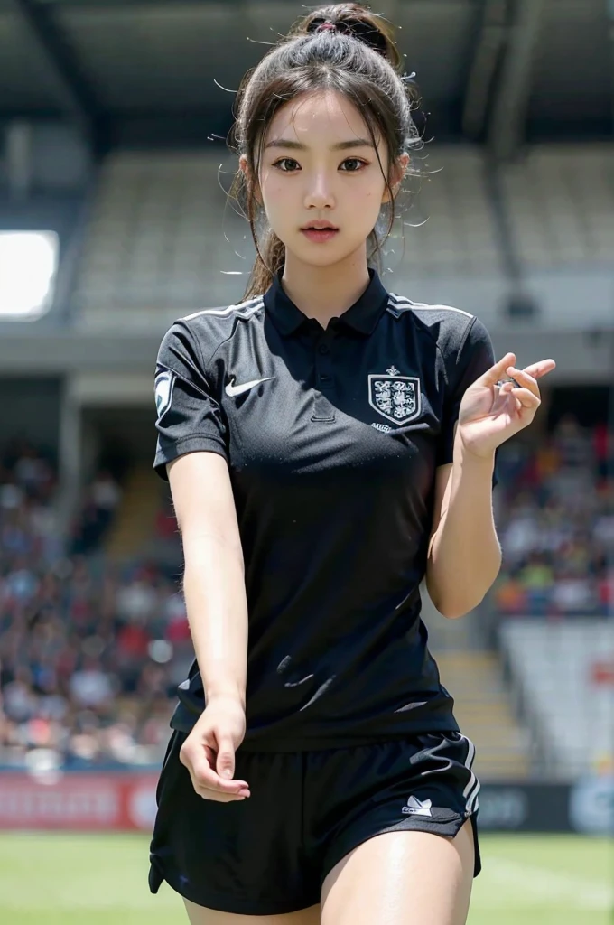 beautiful detail, best quality, 8k, highly detailed face and skin texture, high resolution, cute asian girl in black soccer uniform at stadium, sharp focus