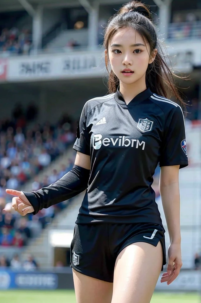 beautiful detail, best quality, 8k, highly detailed face and skin texture, high resolution, cute asian girl in black soccer uniform at stadium, sharp focus