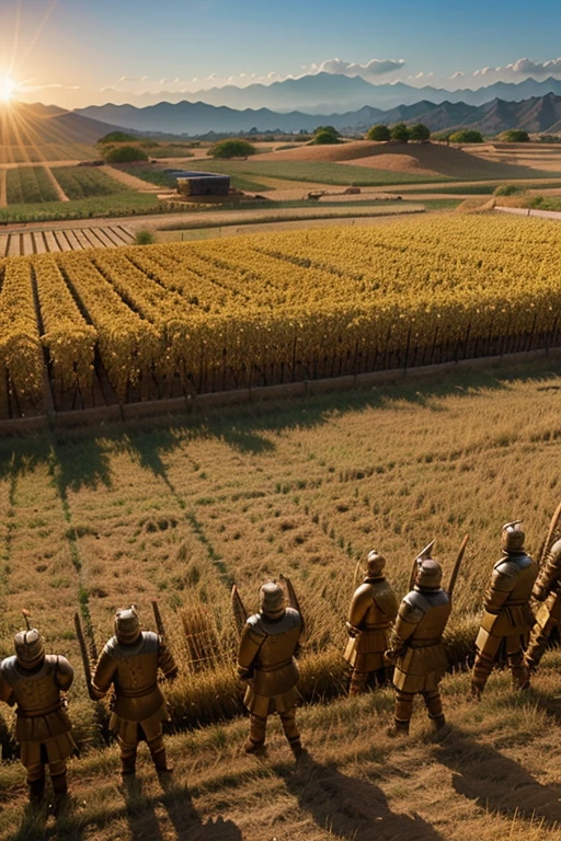 Field of wheat golden in sunshine, (Chinese terracotta army) (ancient soldiers made of clay, oven-fired)