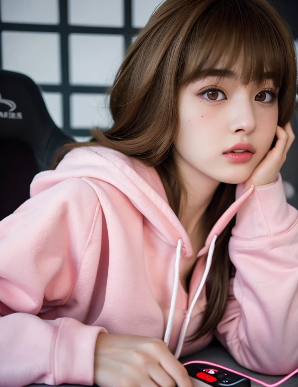 G is, One Girl, Detailed skin, View your viewers, Brown eyes, (Medium hair with bangs:1.2), (Medium Chest:1.0), (Central areola:0.8), 
(Realistic:1.4), (highest quality:1.0), (Ultra-high resolution:1.0), 8k, RAW Photos, (masterpiece:0.2), (Pyros Face_v1:0.5), Pink hoodie, Gaming Chair, headphone, Young and pretty girl,Geeky