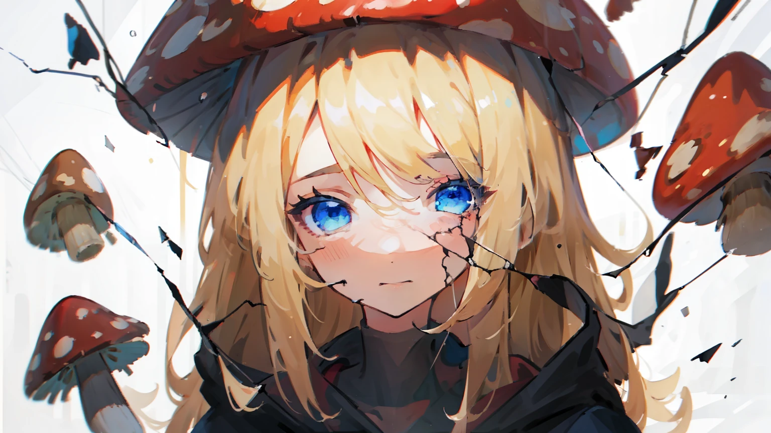 masterpiece,best quality,high quality, best quality, 4k,8k,up close,1girl,solo,blonde hair, crossed bangs, blue eyes, red mushroom hat, mushroom girl, black hoodie,cute,,broken glass