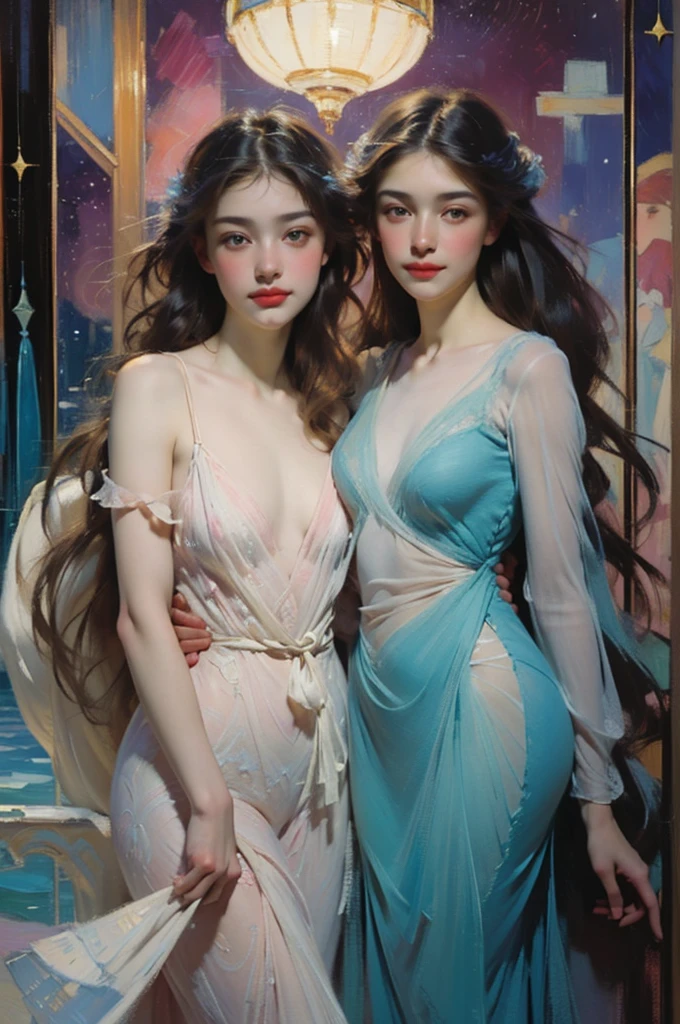 (best quality,actual,high resolution:1.2),pastel tones, painting,Impressionist strokes,from cubism, Fauvism to Surrealism and Abstraction, Beautiful and delicate eyes of a woman,Beautiful and delicate lips,flowing hair, Their artistic concepts and patterns are reflected in the clothing design.starry sky background
