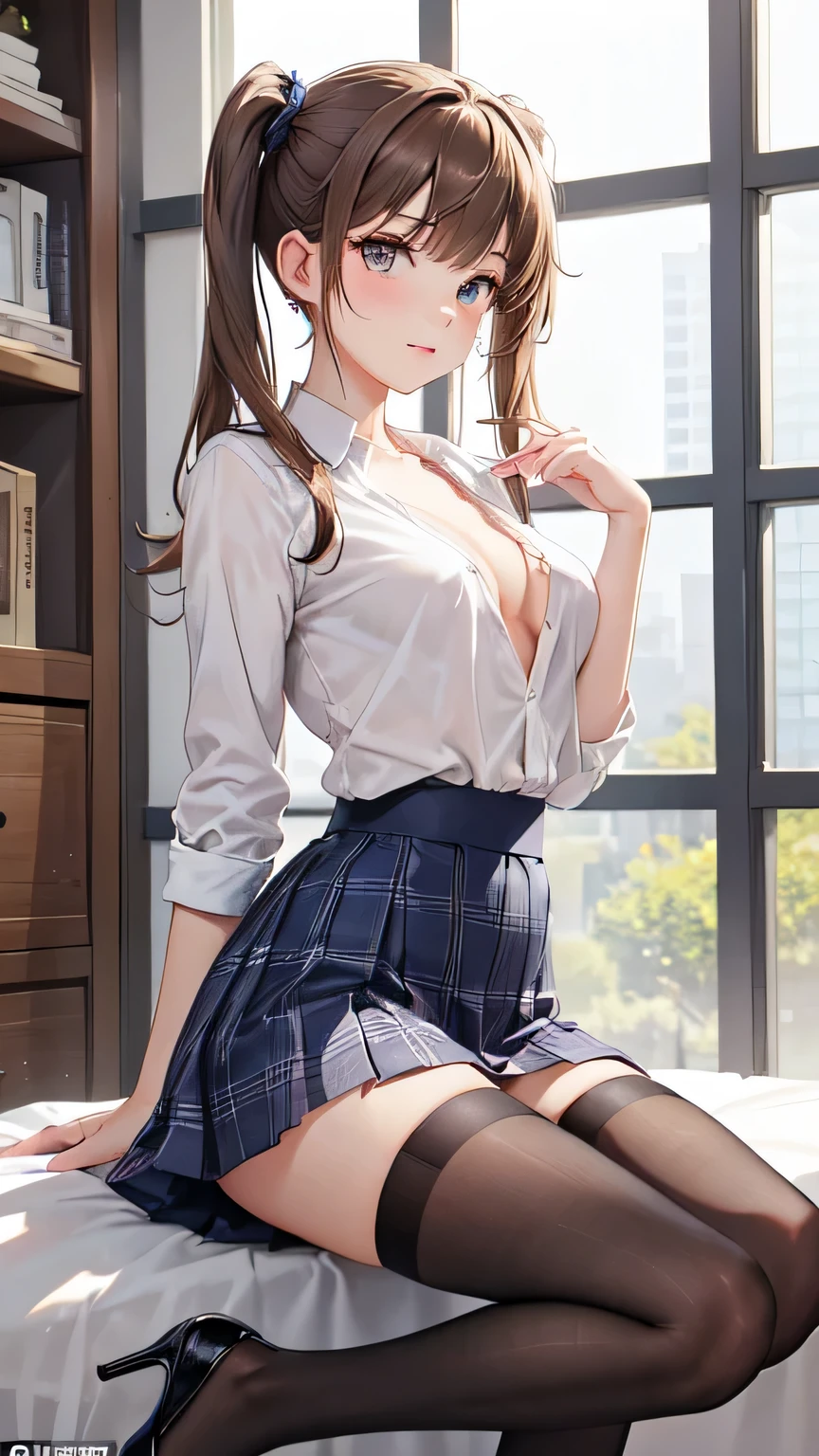 (((professional: step by step, god level final result), 60% nude)): "18 year old girl with medium light brown hair with two pigtails, has a perfectly formed body, medium breasts without wearing a bra with a formal dress, very open legs. composed of unbuttoned white low-neck V-neck blouse, mischievous expression, pleated cowboy-style miniskirt with navy blue plaid, bare buttocks, mid-thigh stockings, size 10 heels, only 1 girl view, seductive Professional