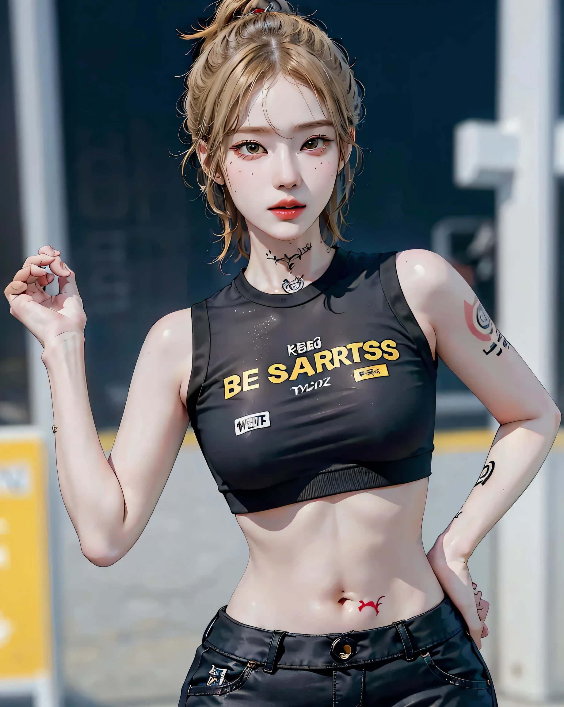 (Browsing Caution:0.7), Perfect Style, Beautiful Face, Highly detailed face and skin texture, (Maximum resolution: 1.2), 1 female,Hip Up, jewelry, (((He has many tattoos all over his body)), Streetwear, Play sports often, Blonde, Shorts, sneakers, (((Tight waist))), ((Big Breasts)),(See-through)