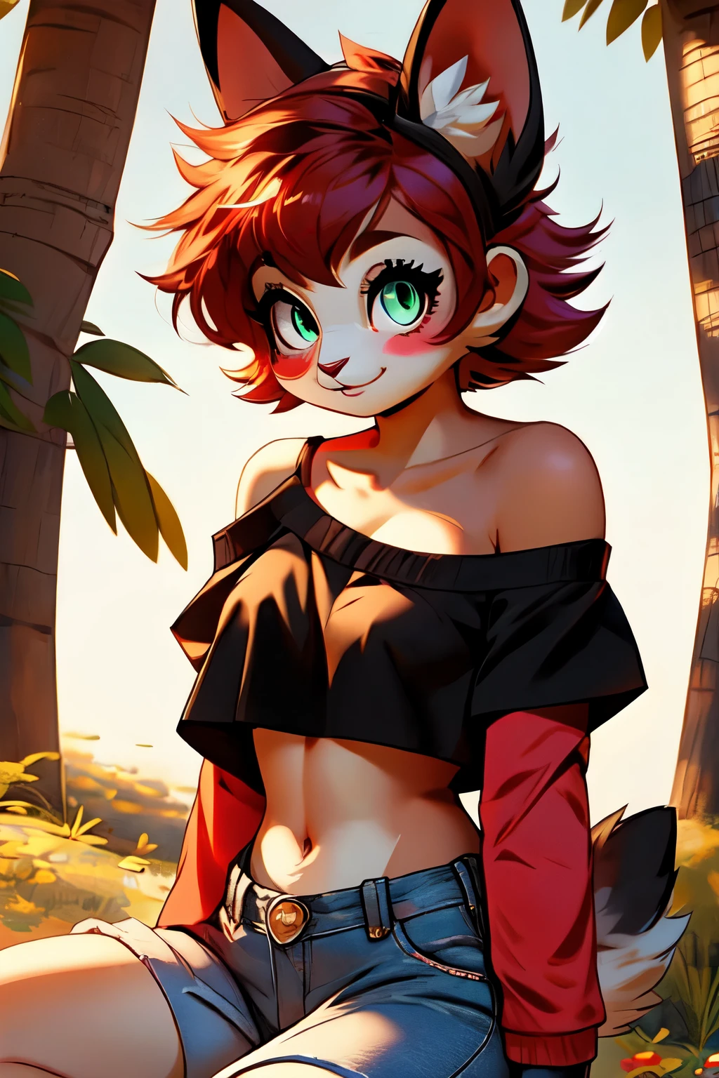 furry, (black and white fur), 1girl, animal nose, gold hearts, eye makeup, green eyes, red hair, (bunny girl), (panda girl), long black bunny ears, black cat tails, pink shortsleave hoodie, ((off shoulder)), cute purple undershirt, ((crop top)), blue jean shorts, cute pose, cowboy shot, Take from below, sitting in beanbag chair, Nuwa Nightstone