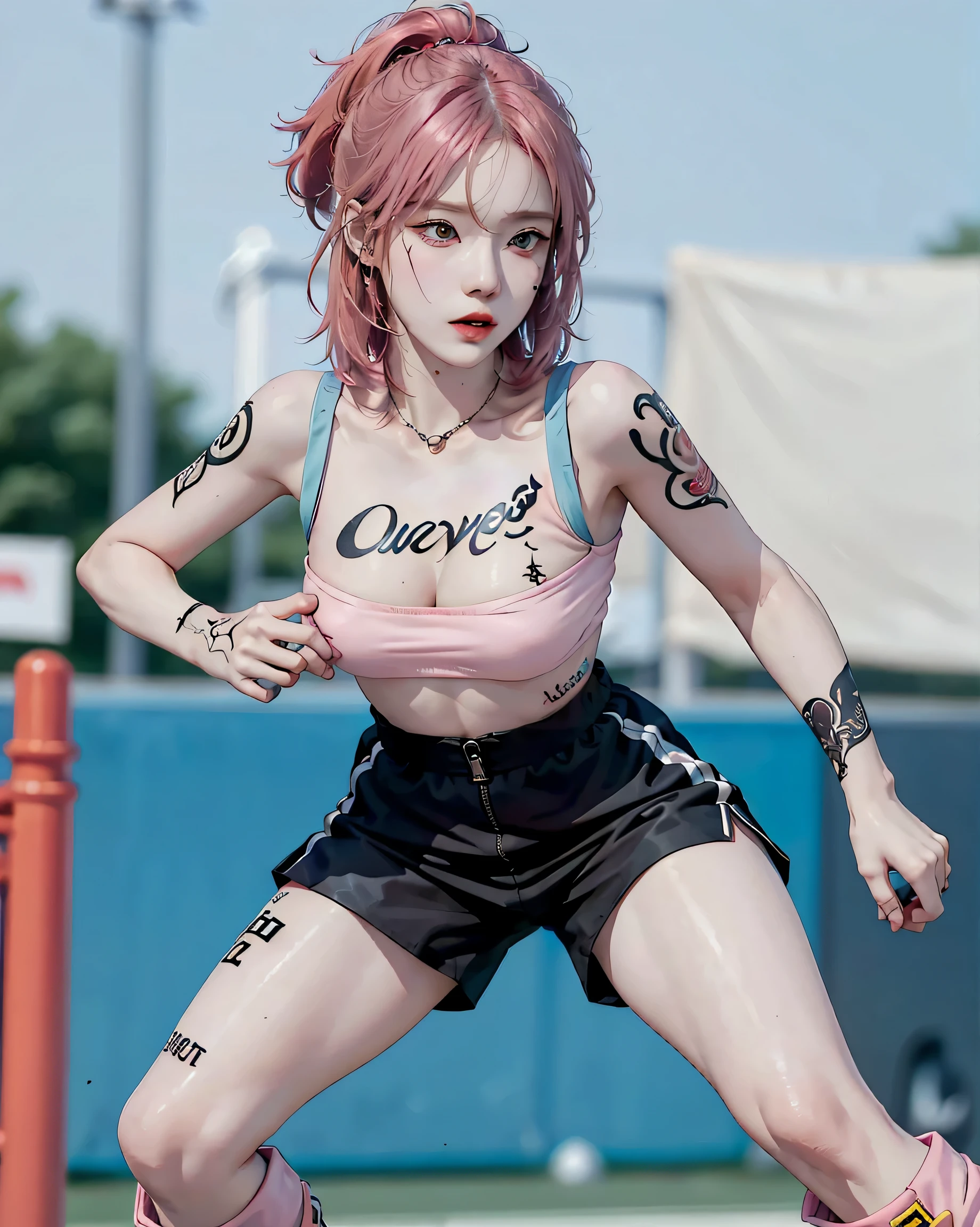 Perfect Style, Beautiful Face, Highly detailed face and skin texture, (Maximum resolution: 1.2), 1 female, alone, Hip Up, jewelry, (((He has many tattoos all over his body)), Streetwear, Play sports often, Pink Hair, Shorts, sports boots, (((Tight waist))), ((Big Breasts))