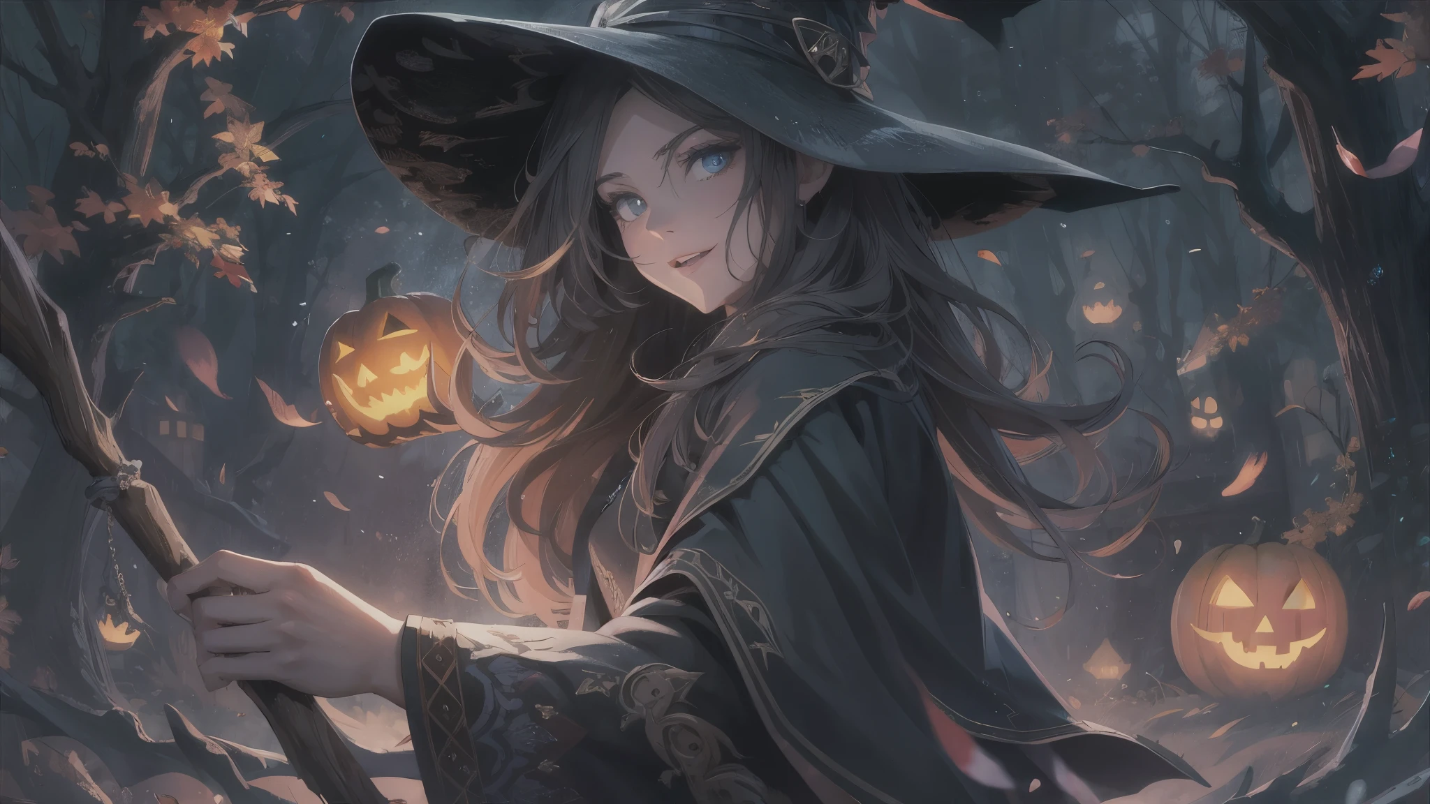 (best quality,highres:1.2),ultra-detailed,realistic,portrait,female witch,flying on broomstick,detailed face,piercing eyes,graceful smile,long flowing hair,twilight with moonlight,gloomy atmosphere,dense fog,twinkling stars,pumpkins scattered around,mysterious shadows,eerie glow,creepy aura,vivid colors,enchanted forest backdrop,dark robe,witch hat,pointy black shoes,casting a spell,whimsical magic,spellbinding scene
