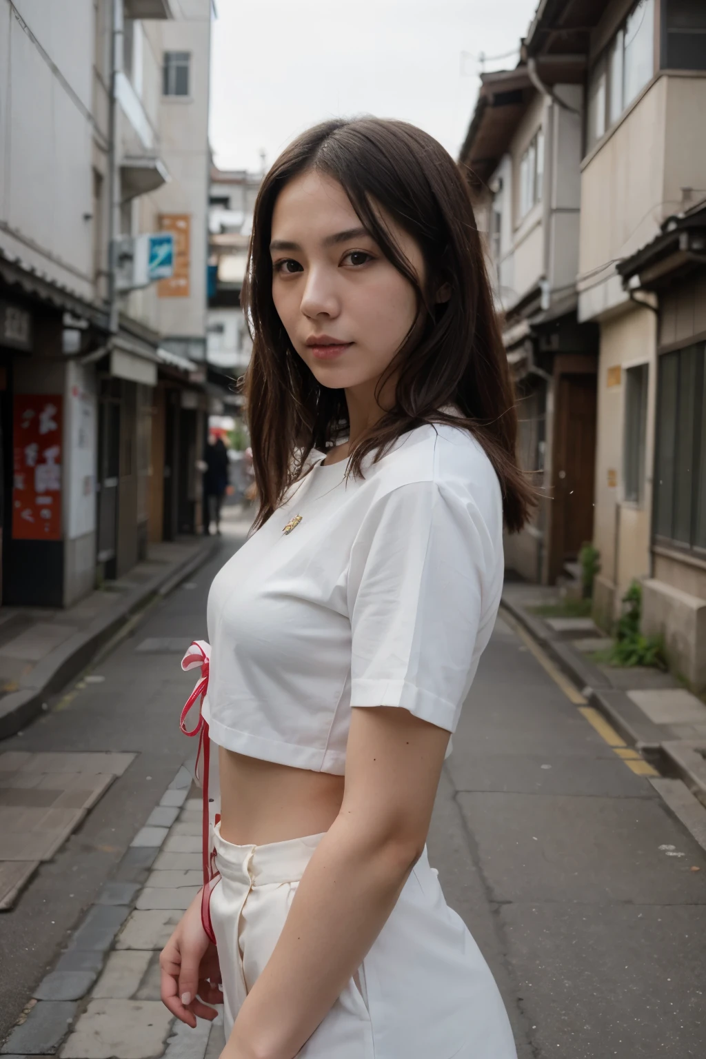 ((best quality)), ((masterpiece)), (detailed), selfie ultra realistic japanese women , 28 years old wearing a Gantz suite in a japanese city