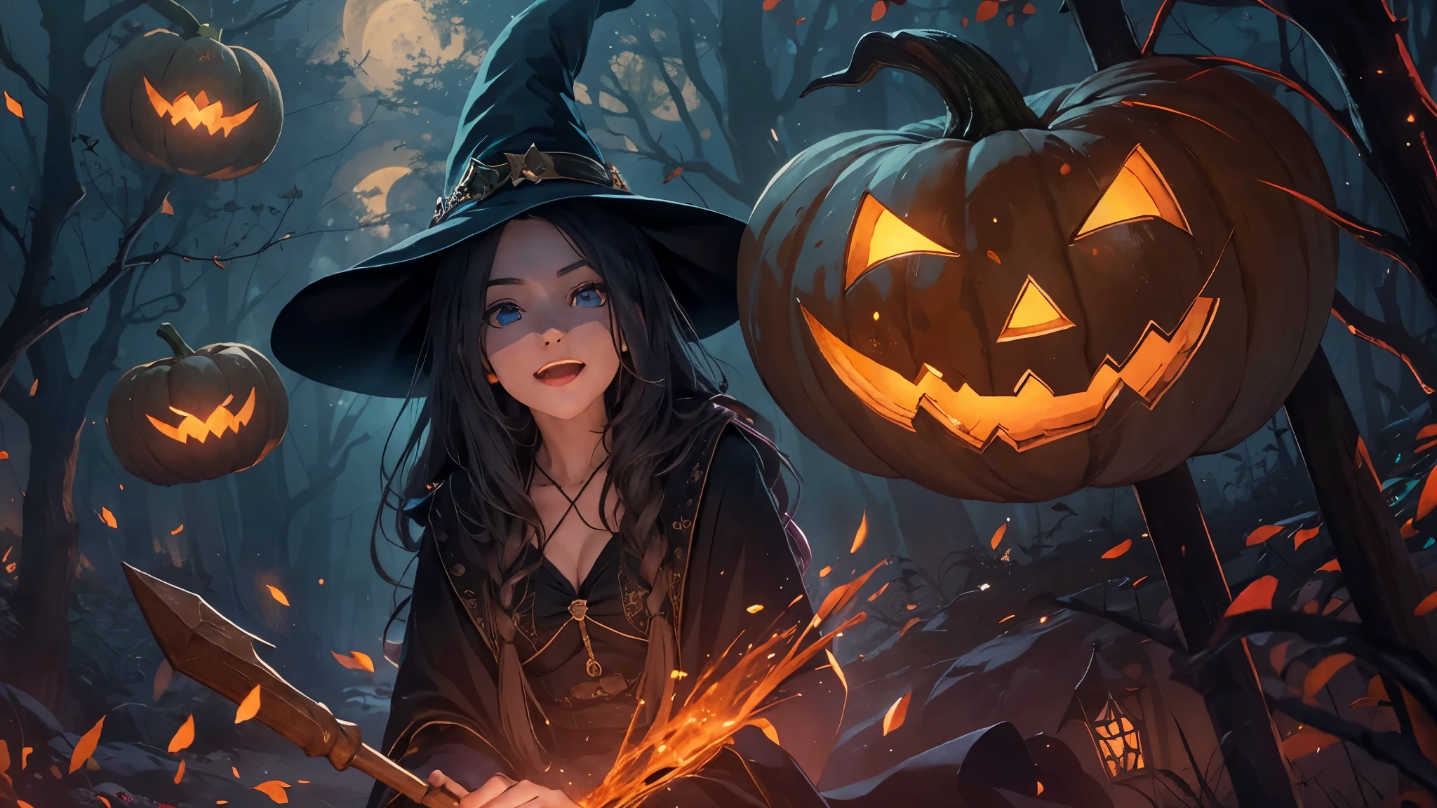 (best quality,highres:1.2),ultra-detailed,realistic,portrait,female witch,flying on broomstick,detailed face,piercing eyes,graceful smile,long flowing hair,twilight with moonlight,gloomy atmosphere,dense fog,twinkling stars,pumpkins scattered around,mysterious shadows,eerie glow,creepy aura,vivid colors,enchanted forest backdrop,dark robe,witch hat,pointy black shoes,casting a spell,whimsical magic,spellbinding scene