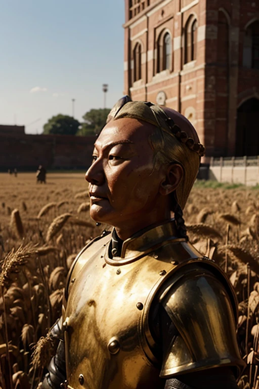 Field of wheat golden in sunshine, (Chinese terracotta army) (ancient soldiers made of red clay, oven-fired)