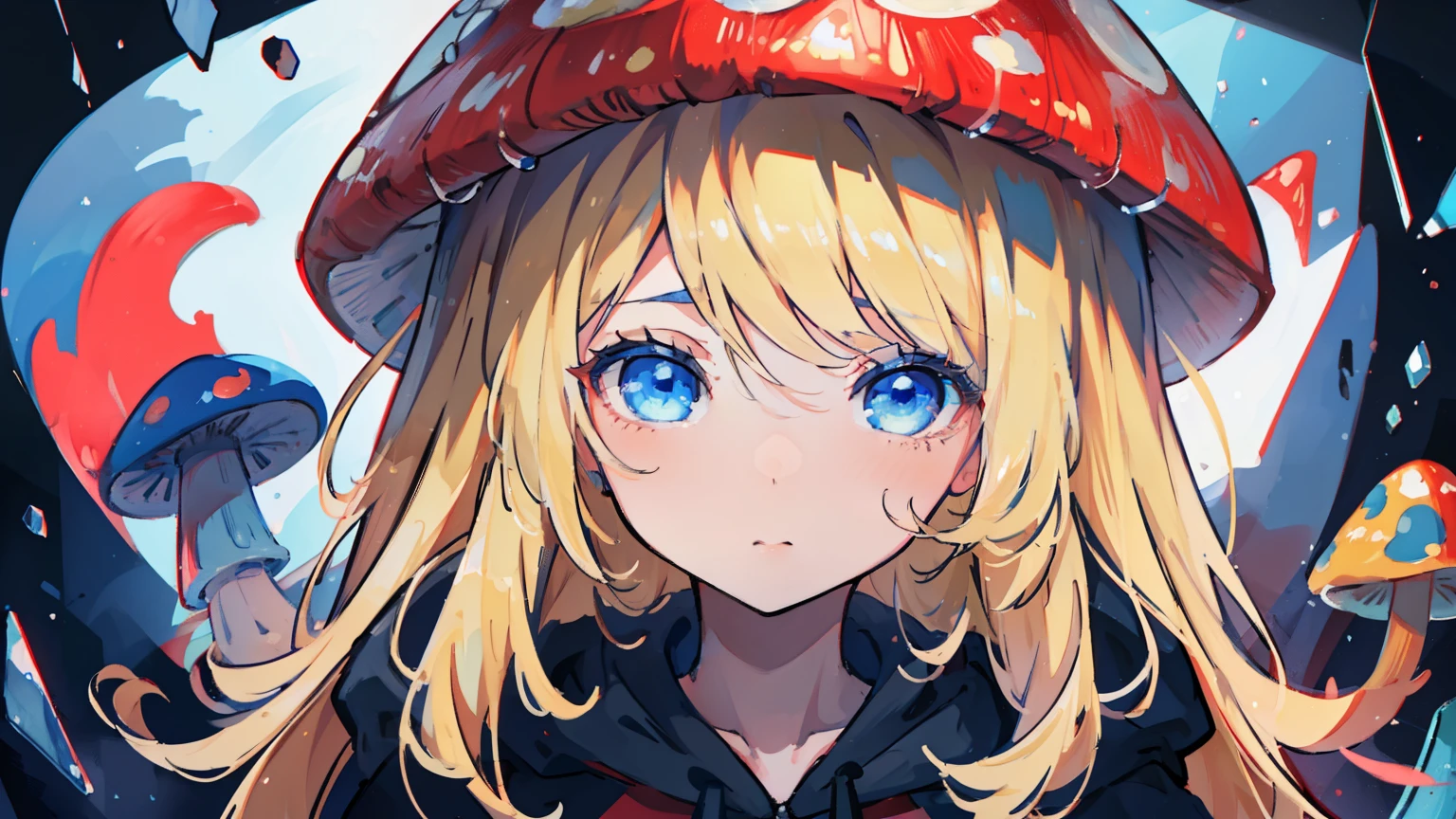 masterpiece,best quality,high quality, best quality, 4k,8k,up close,1girl,solo,blonde hair, crossed bangs, blue eyes, red mushroom hat, mushroom girl, black hoodie,cute,,broken glass