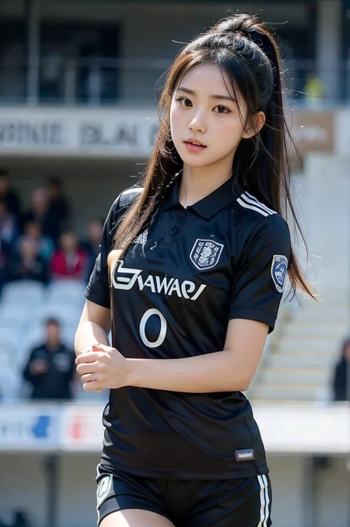 beautiful detail, best quality, 8k, highly detailed face and skin texture, high resolution, cute asian girl in black soccer uniform at stadium, sharp focus