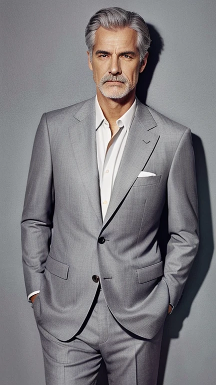 A smart, grey-haired man wearing an elegant, shiny grey suit　Upper Body　front　Late 50s～Early 60s Highest quality

