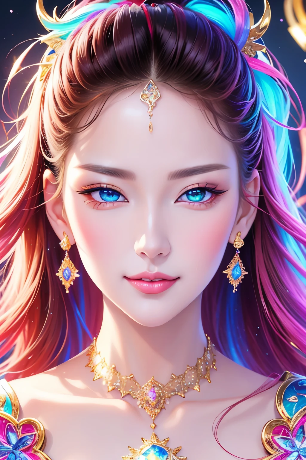 best quality, super fine, 16k, incredibly absurdres, extremely detailed, delicate, flashy and dynamic depiction, beautifully carved picture frames, portraits of beautiful woman, mosaic art made of neon lights and rainbow gemstones, background iridescent white plaster walls