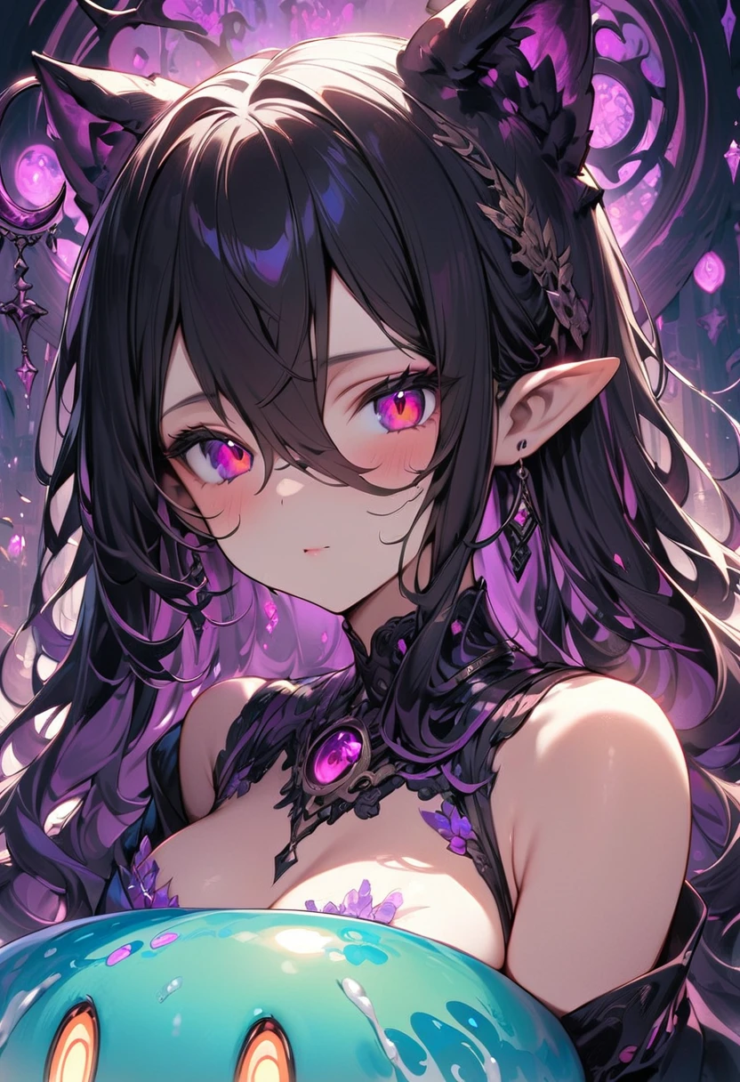 (masterpiece), (best quality:1.4), (perfect anatomy:1.4), high quality, expressive eyes, portrait, detailed face, beautiful face, perfect face, {1 girl}, In her slime form, Danua is a mesmerizing entity, her amorphous body pulsating with vibrant colors and otherworldly energy. She takes on a fluid, gelatinous appearance, constantly shifting and morphing with an almost hypnotic fluidity. Danua's slime form is translucent, allowing glimpses of the swirling colors and patterns that ripple beneath her surface. Shades of deep emerald, green mingle with iridescent blues and purples, creating an ethereal kaleidoscope of hues that dance and shimmer in the light. Her form lacks defined features, instead resembling a constantly shifting mass of gel-like substance. However, there is a sense of grace and purpose to her movements, as if she possesses a silent intelligence that guides her every shift and flow. Despite her lack of a solid form, Danua exudes an undeniable presence in her slime state. She radiates an aura of ancient power and mystique, her ever-changing form hinting at the depths of her enigmatic nature. Overall, Danua's slime form is a mesmerizing spectacle, a symphony of colors and shapes that captivates the eye and sparks the imagination.