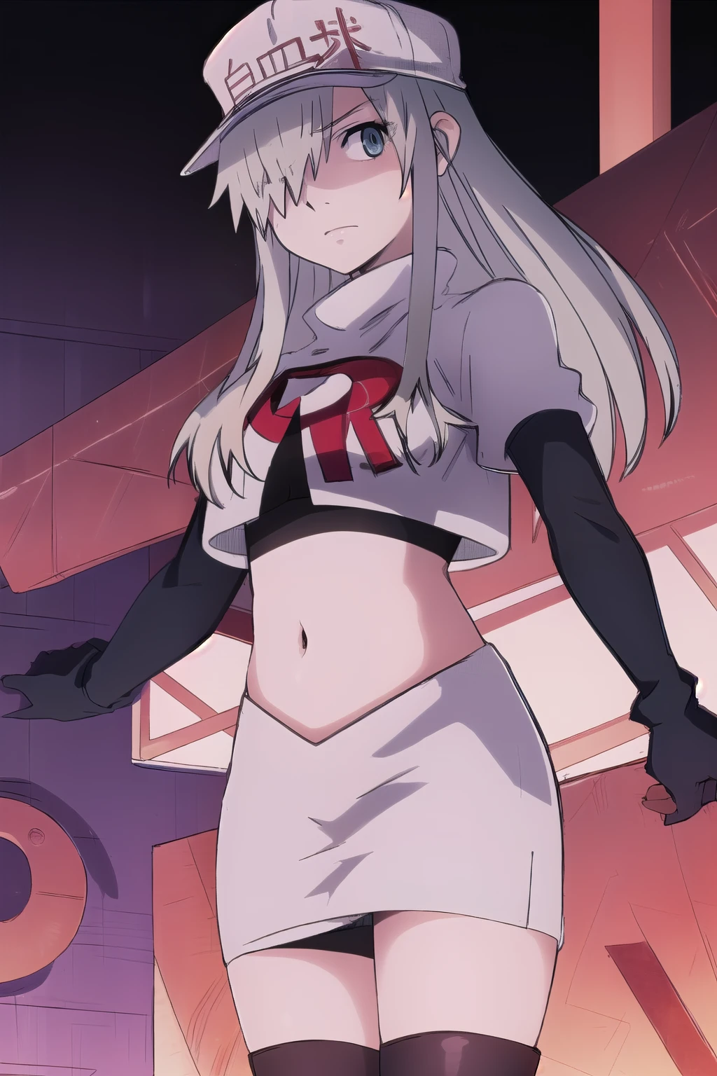 WBC, 1girl, solo, looking at viewer, hat, team rocket,team rocket uniform,white skirt,red letter R,crop top,black thigh-highs,black elbow gloves, fine detail, perfect quality, good quality, masterpiece, HDR, UHD