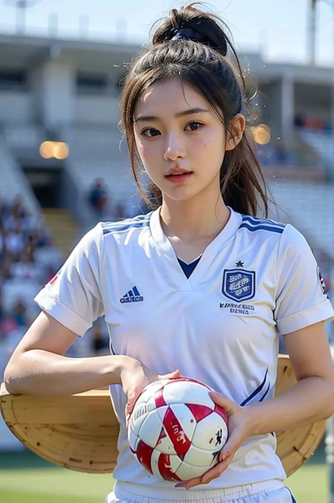 beautiful detail, best quality, 8k, highly detailed face and skin texture, high resolution, cute asian girl in white soccer uniform at stadium, sharp focus