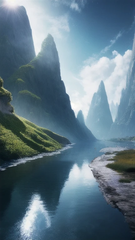 masterpiece, 最high quality, high quality, Very detailed CG unity 8k wallpaper, scenery, Outdoor, null, cloud, Day, No humans, Mountain, landscape, water, wood, blue null, waterfall, cliff, nature, lake, river, cloudy null,Award-winning photography, Bokeh, Depth of written boundary, High resolution, bloom, chromatic aberration ,Realistic,Very detailed, Trending on Artstation, Trending on CGSociety, Complex, Attention to detail, dramatic, art：mid journey