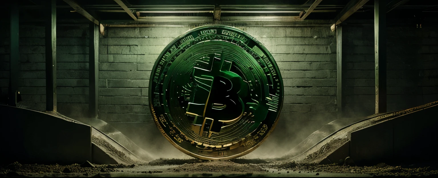 Create an image for a FaceBook page on the topic of cryptocurrency and investment. The image must be in green tones. Bitcoin is on a rollercoaster ride.