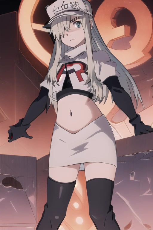 WBC, 1girl, solo, looking at viewer, hat, team rocket,team rocket uniform,white skirt,red letter R,crop top,black thigh-highs,black elbow gloves, fine detail, perfect quality, good quality, masterpiece, HDR, UHD