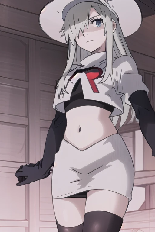 WBC, 1girl, solo, looking at viewer, hat, team rocket,team rocket uniform,white skirt,red letter R,crop top,black thigh-highs,black elbow gloves, fine detail, perfect quality, good quality, masterpiece, HDR, UHD 