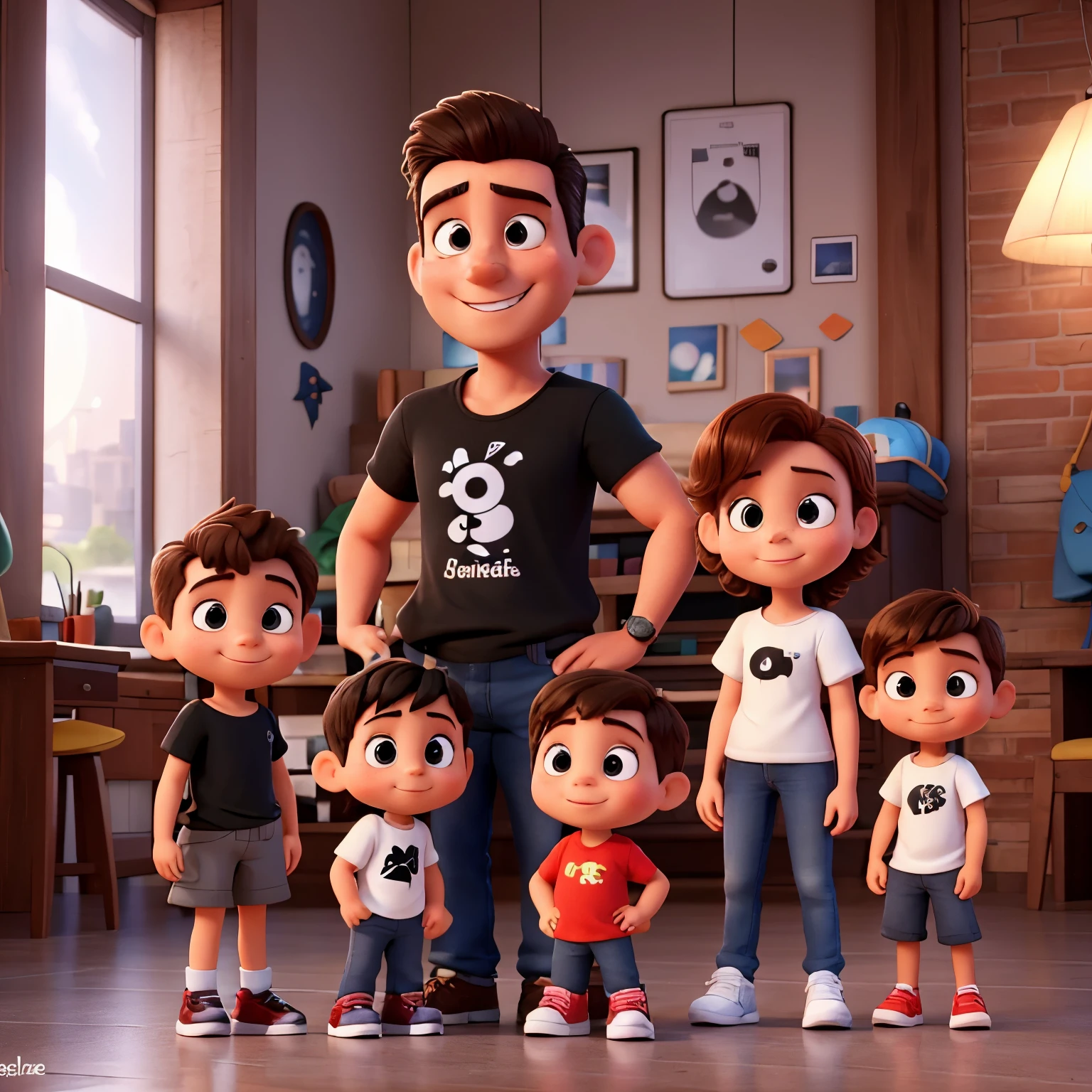 Animado Disney Pixar una Familia de 3, they are all white teas, They're abrazed, The mother is wearing a black t-shirt, tiene cabello corto y negro, usa lentes de color negro, the  is , usa una polera gris y jockey, He is smiling, the dad wears a red shirt, lentes oscuros y jockey, todos tienen una gran sonrisa