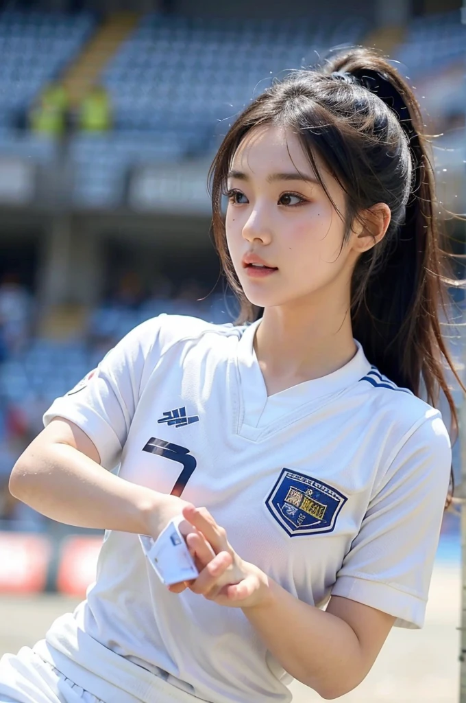 beautiful detail, best quality, 8k, highly detailed face and skin texture, high resolution, cute asian girl in white soccer uniform at stadium, sharp focus