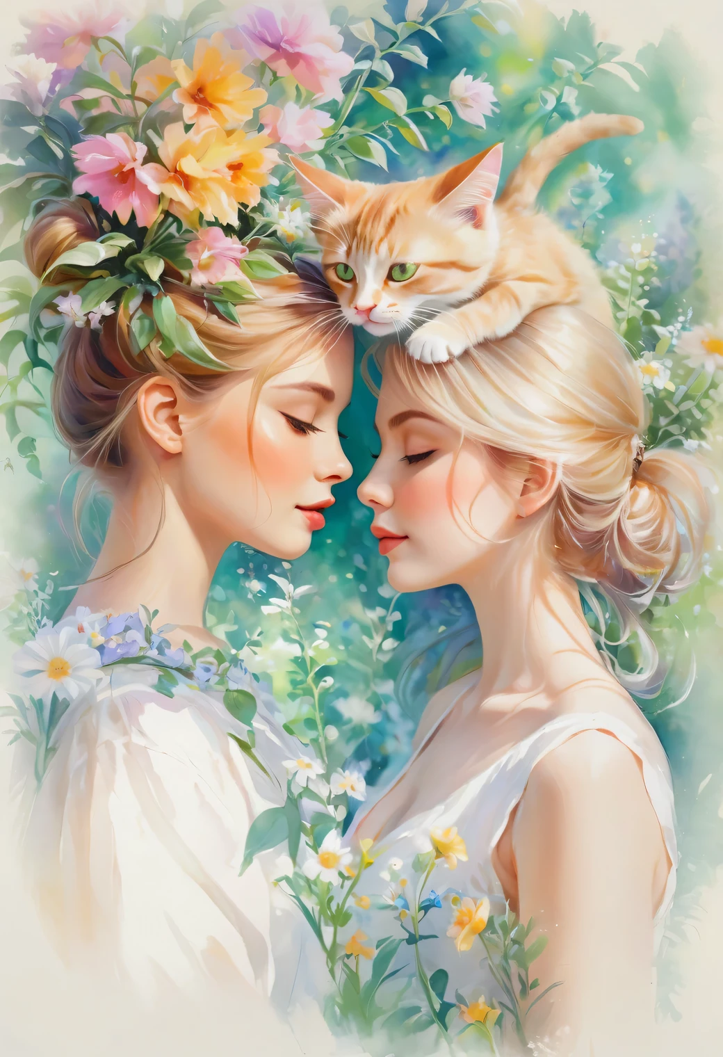 2 girls kissing a cat,detailed beautiful eyes,loving tender expression,soft lips,two young women,garden background,green plants,colorful flowers,happy atmosphere,fantasy lighting,hdr effect,vivid colors,photorealistic art style,medium:oil painting,ultra-fine brushstrokes,romantic atmosphere,adorable kitten,cuddling,cute furry friend,sunshine,joyful moment,emotion,affection,love and friendship,whiskers,fluffy fur,playful interaction,flowers and plants in the garden,shadows and highlights,blurred background.