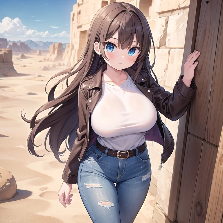 ((Masterpiece)), (Best Quality), (Perfect Lighting), (Perfect Shadows), (Solo), (SFW), ((Accurately Detailed)), Empty hands, Accurate Posture, Perfect Facial Expressions, A young-Adult Girl, with Long Dark-Brown hair, Beautiful Blue eyes, wide hips, (Huge ), (Extremely Huge Booty), and is slightly short. Wearing an (old weathered Dark-Brown Leather Jacket), a White Shirt, weathered Jeans, a Brown Leather Belt, and weathered Grey Boots. She is walking and searching for something in the Desert, so her clothes are dusty and have sand on them, and hasn’t seen any yet. With a cautious pose and confident but scared expression.