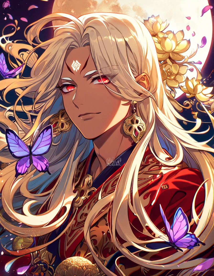 (absurdres, highres, ultra detailed, HDR), master piece, best quality, vibrant red eyes, 1man, handsome face, Asura, tanned skin, black untamed long hair, red lotus mark on the forehead, red tunic, showing the chest, golden lotus earrings, onmyoji, moon, purple flames, purple butterflies, petals 