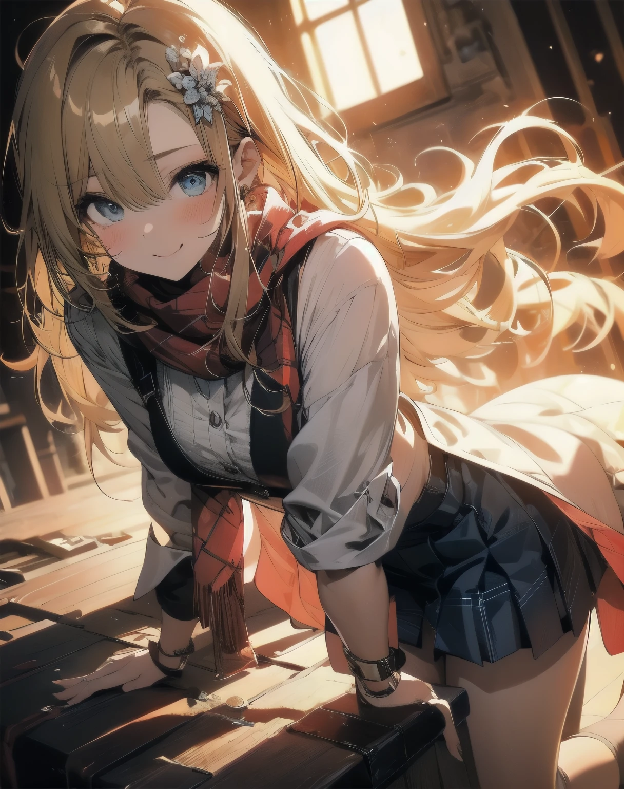 high resolution、8K、((A sophisticated eye、Elaborate line art)),(Red pupils),Anime girl with blue eyes and white hair,There is a blue flower in her hair, (masterpiece),(highest quality:1.2),1 girl,(Masseter muscle area:1.3),Exquisite detail, highest qualityの 8K 解像度, Very detailed, Realistic, Bright colors, Soft tone, Warm and gentle lighting,(Beautiful checked scarf:1.3),(Pleated pink ruffled ribbon dress,) (Brown long coat:1.2) evening,Big Sunset,(Smooth and straight blonde hair:1.2),(Hair parted in the middle:1.3),(Shiny Hair),(Dark blue eyes:1.3),White skin, Valletta,Overflowing with soft and gentle feelings,(The promenade is full of flowers),The sun shines with joy and pure love, Warm golden glow,The atmosphere is full of happiness and laughter, that'It's like celebrating love.,超細密描写とBright colors彩へのこだわり. A style that combines romanticism and realism、Feel the depth of love,Color Palette,dream-like, A fantastic atmosphere,Lighting is soft and diffuse, Put a gentle light on your face,作品はmasterpieceです,