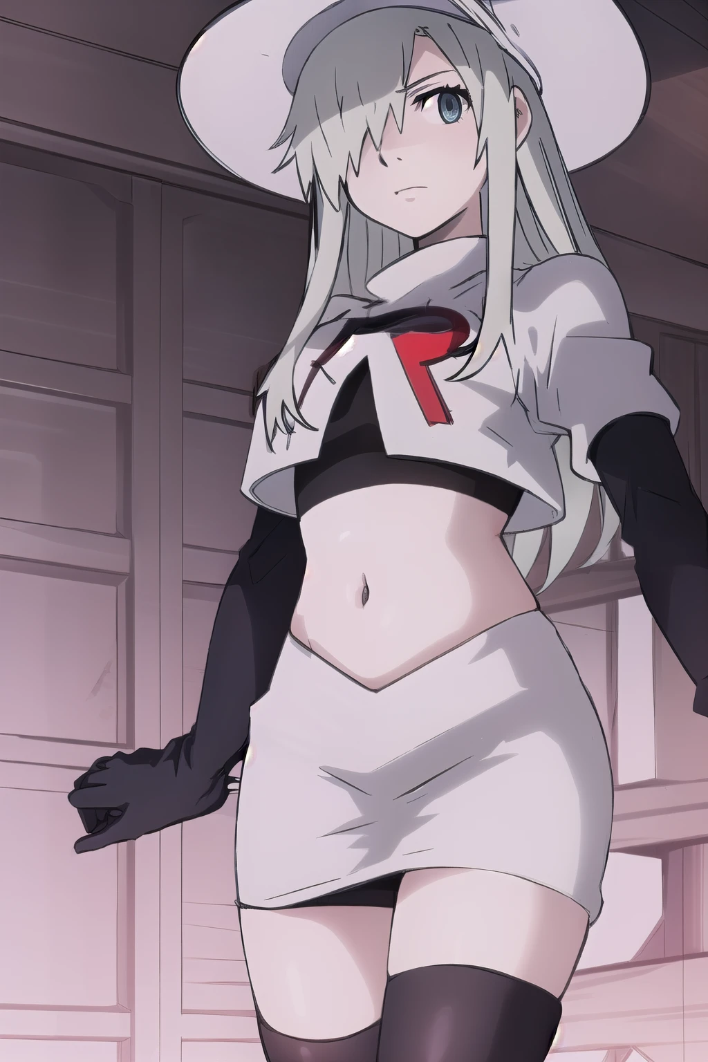 WBC, 1girl, solo, looking at viewer, hat, team rocket,team rocket uniform,white skirt,red letter R,crop top,black thigh-highs,black elbow gloves, fine detail, perfect quality, good quality, masterpiece, HDR, UHD